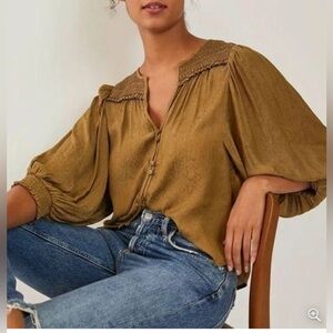 Anthropologie Cacee Jacquard Blouse Med Puff Sleeve Button Smocked Blouse